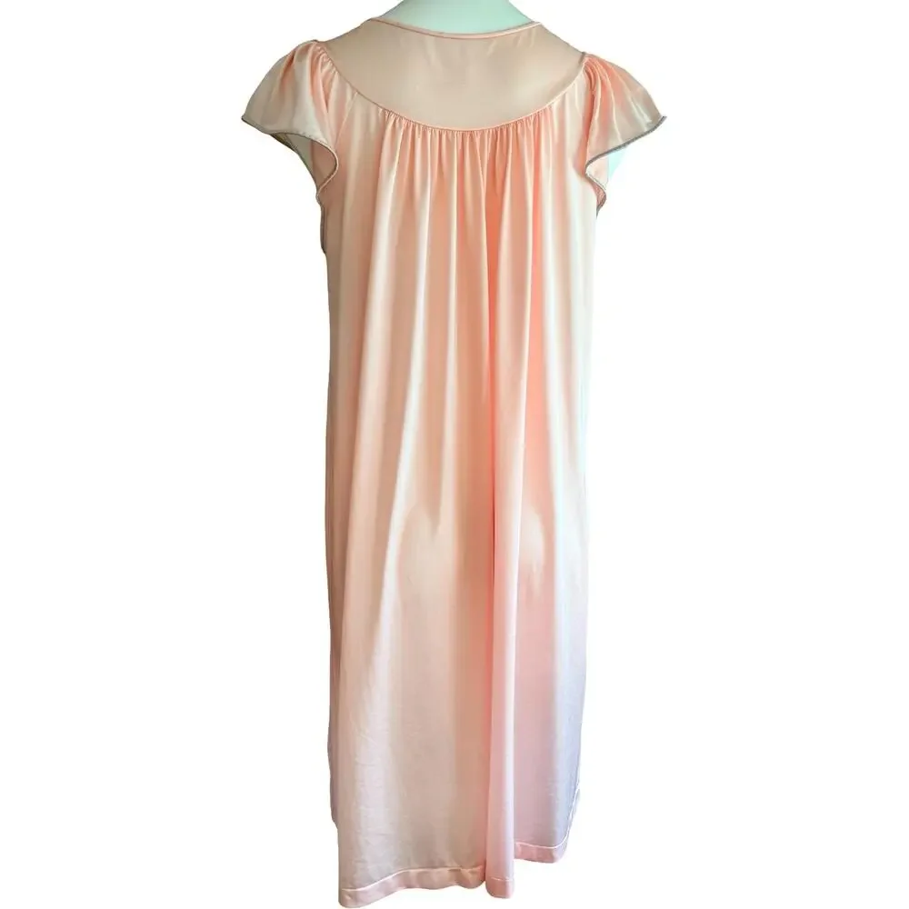 Vintage Shadowline Peignoir Set Small Pink Nylon Floral Appliqué Nightgown Robe